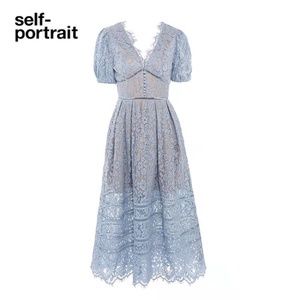 Self-Portrait Blue Fine Cord Lace Midi Dress